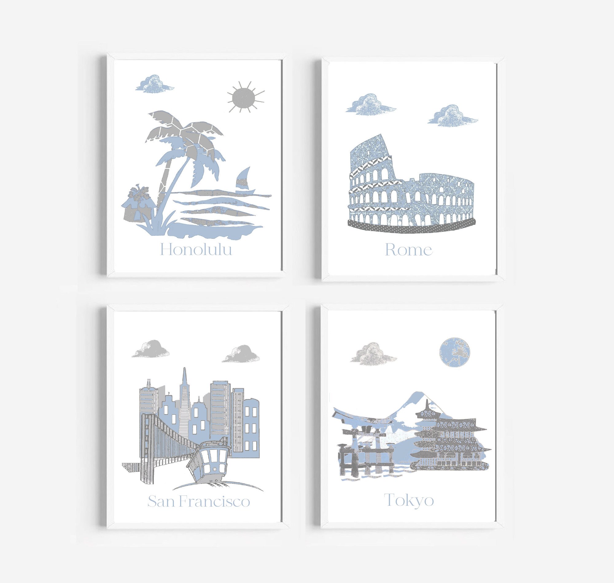 53 Art Mural de Crèche, Impression d'art Pour Bébé, Crèche à Thème Voyage, Angleterre, Hawaï, Italie