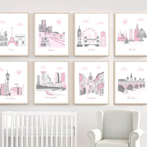 Nursery wall art,travel theme nursery,pink,gray,Minneapolis,Las Vegas,Bordeaux,Miami,Paris,London,Beirut,Cartagena,Pink,Gray