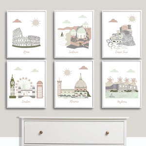 Nursery wall art, Travel theme nursery, neutral gender,Rome,Santorini,Cinque Terre,London,Florence,Mykonos,Terracotta,Green,Gray,Beige
