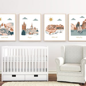 Nursery wall art,travel theme nursery,baby room decor,Machu Picchu,Prague,Dubrovnik,Halon Bay,Terracotta,Blue,Pink,Gold