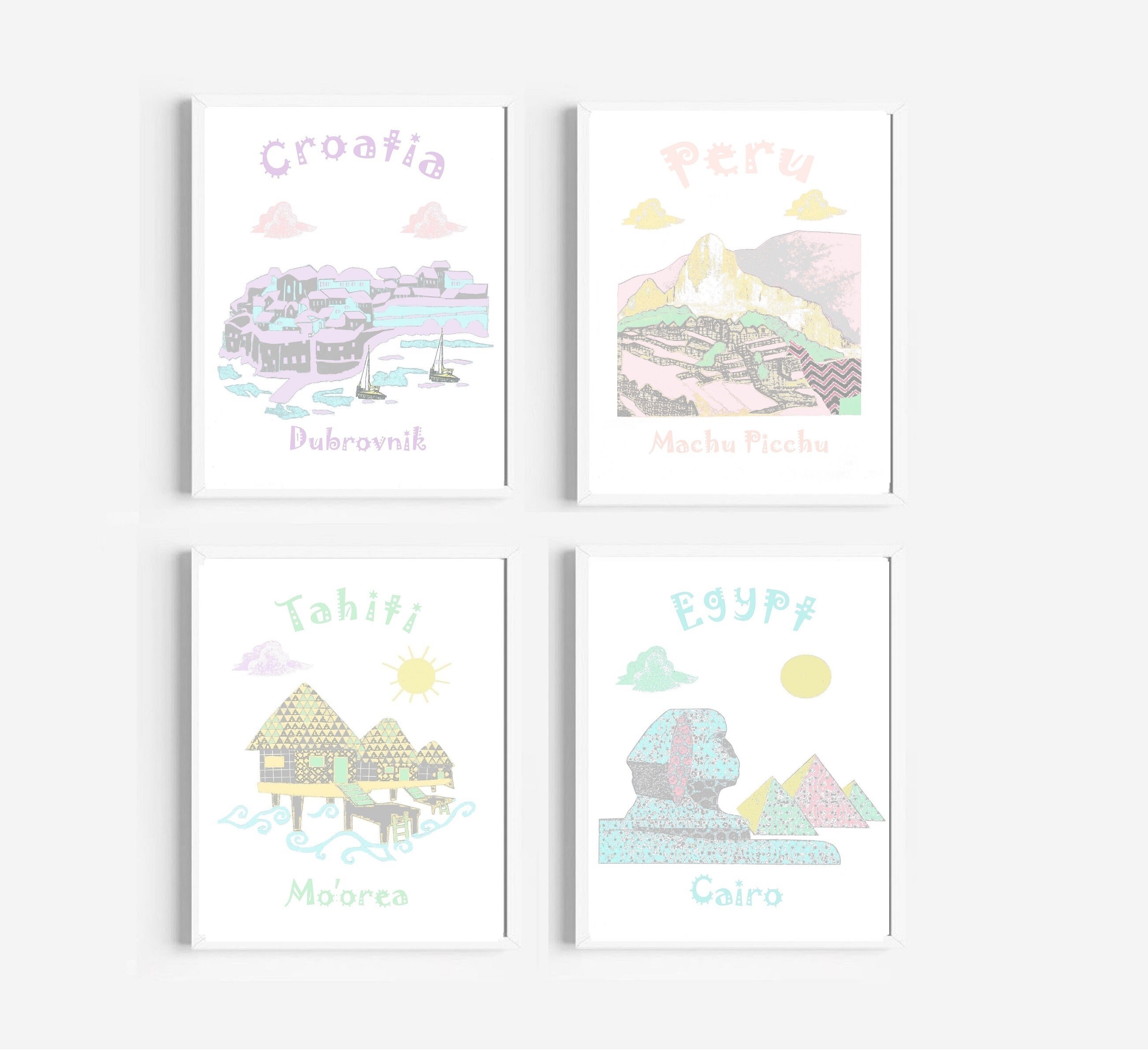 114, Art Mural de Crèche, Décor Bébé Fille, Thème Voyage Pépinière, Couleurs Pastel, Pérou, Tahiti, 