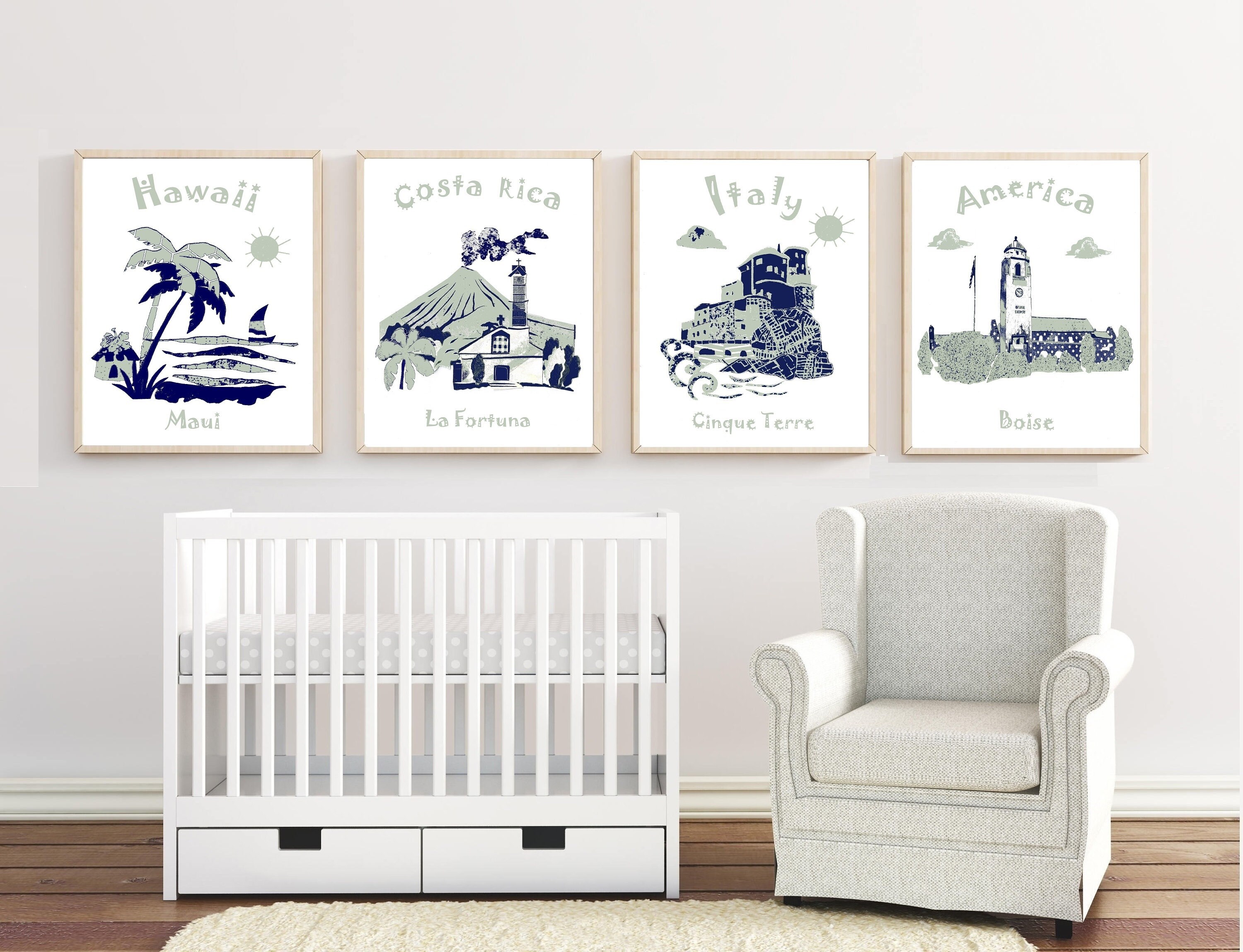 93 Art Mural de La Crèche, Chambre d'enfant à Thème Voyage, Impression d'art Pour Bébé, Vert Sauge, 