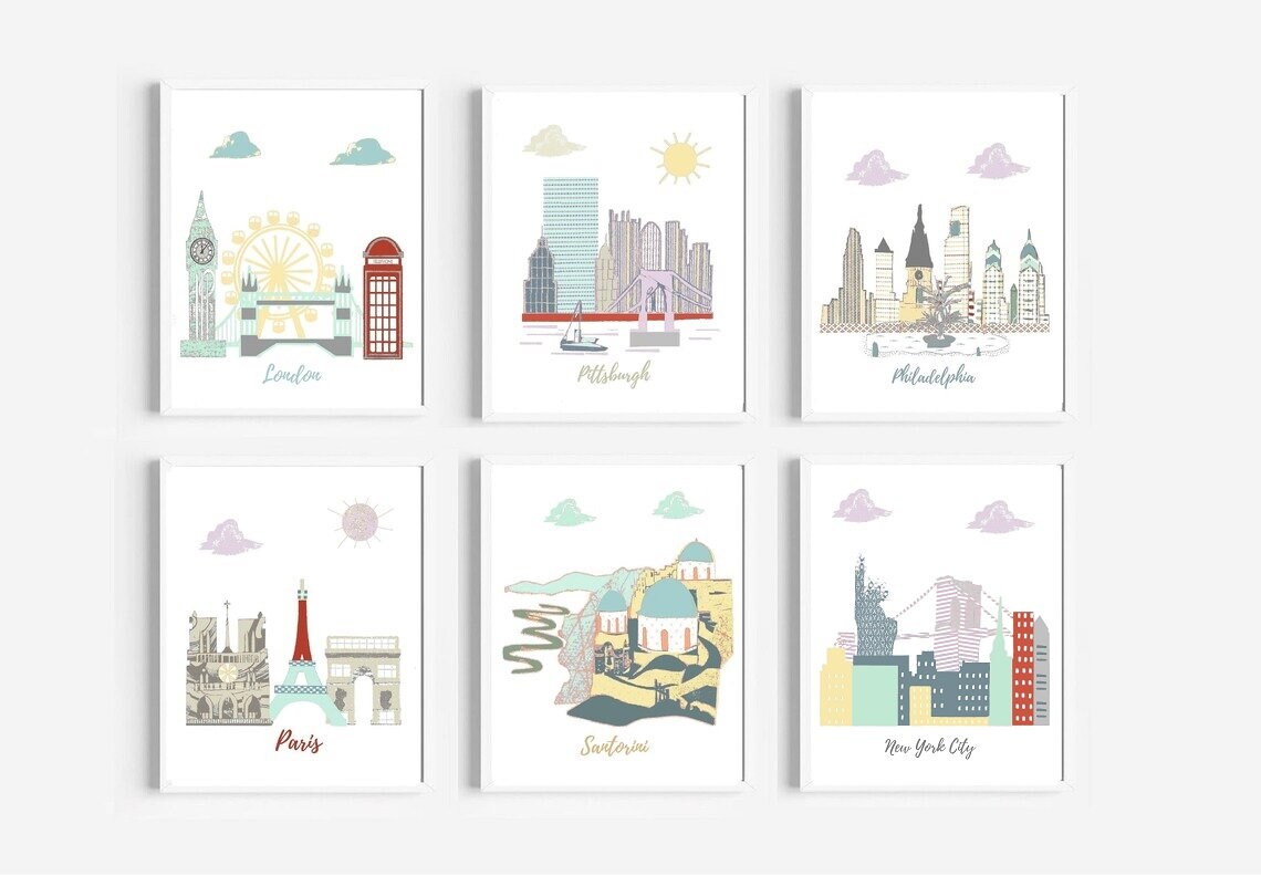 Art Mural de Pépinière, Thème Voyage Vert, Jaune, Rouge, Violet, Bleu, Gris, Menthe, Orange, Anglete