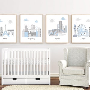 Nursery wall art,travel themed nursery,baby room decor,set of prints, blue,gray,France,USA,Australia,England