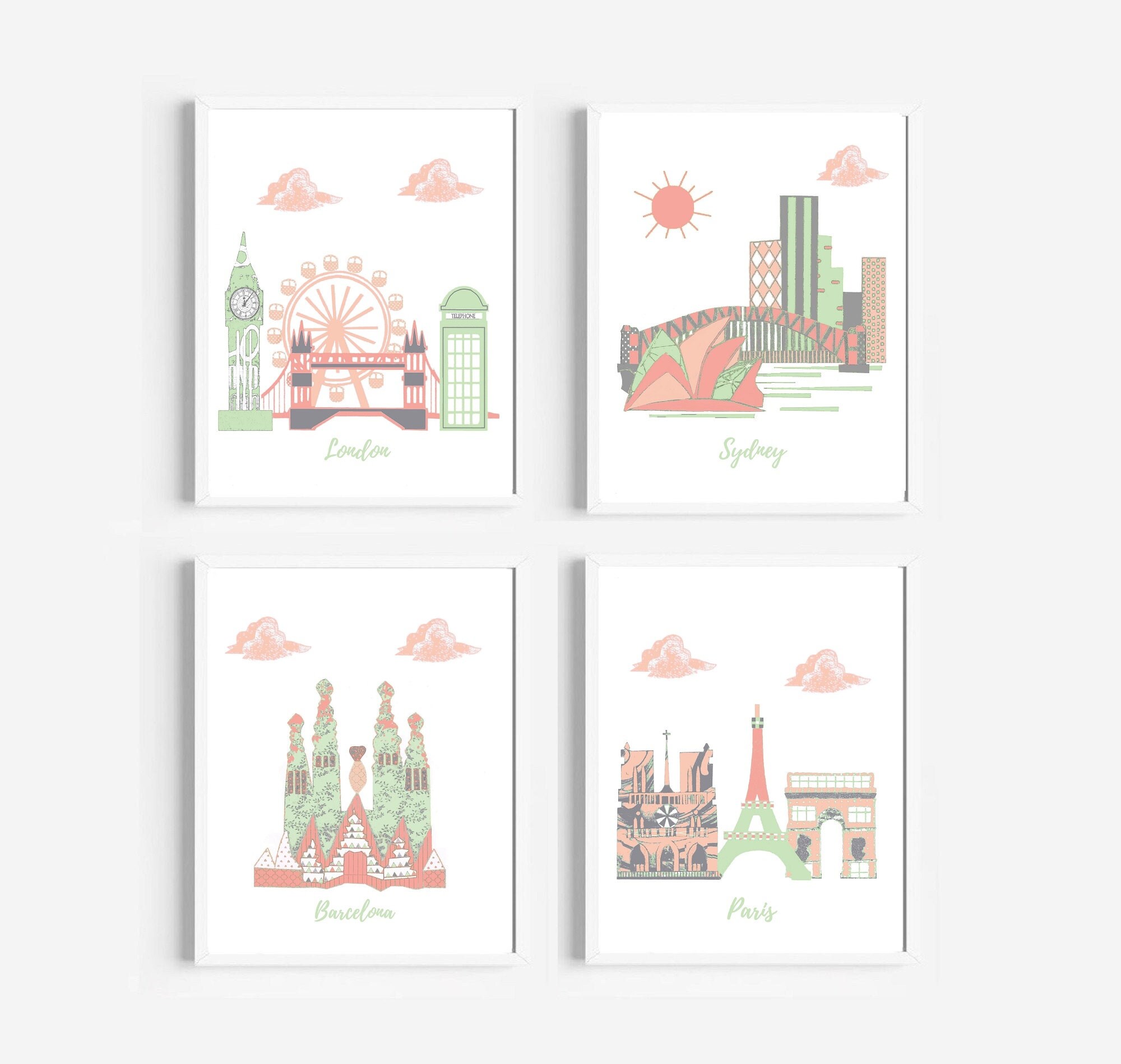 236, Art Mural de La Crèche, Crèche à Thème Voyage, Décoration Menthe, Gris, Corail, Angleterre, Aus