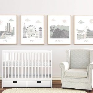 Nursery wall art,baby nursery decor,travel themed nursery,beige,gray,sage green,Sydney,London,Rio de Janeiro,Tokyo