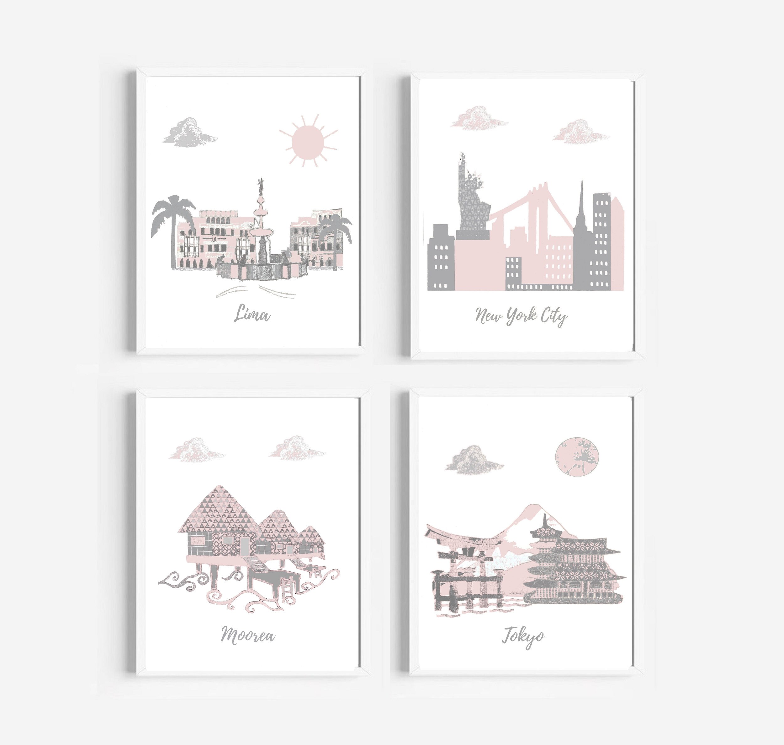 72 Art Mural de Crèche, Thème Voyage, Impression d'art Pour Bébé, Japon, Pérou, États-Unis, Tahiti, 