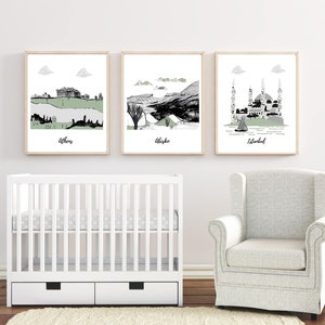 Nursery wall art,travel theme nursery,baby room decor,Athens,Abisko,Istanbul,Black,gray,Sage green