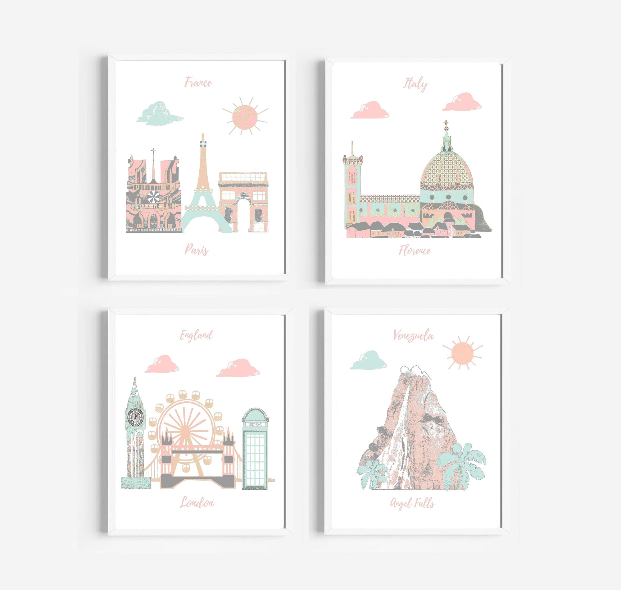 112, Art Mural de Crèche, Impression Bébé, Crèche Voyage, Rose, Menthe, Gris, Italie, Angleterre, Fr