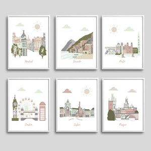 Nursery wall art,baby art print,nursery travel theme nursery,brown,beige,mint,gray,Madrid,Sorrento,Porto,London,Lisbon,Prague