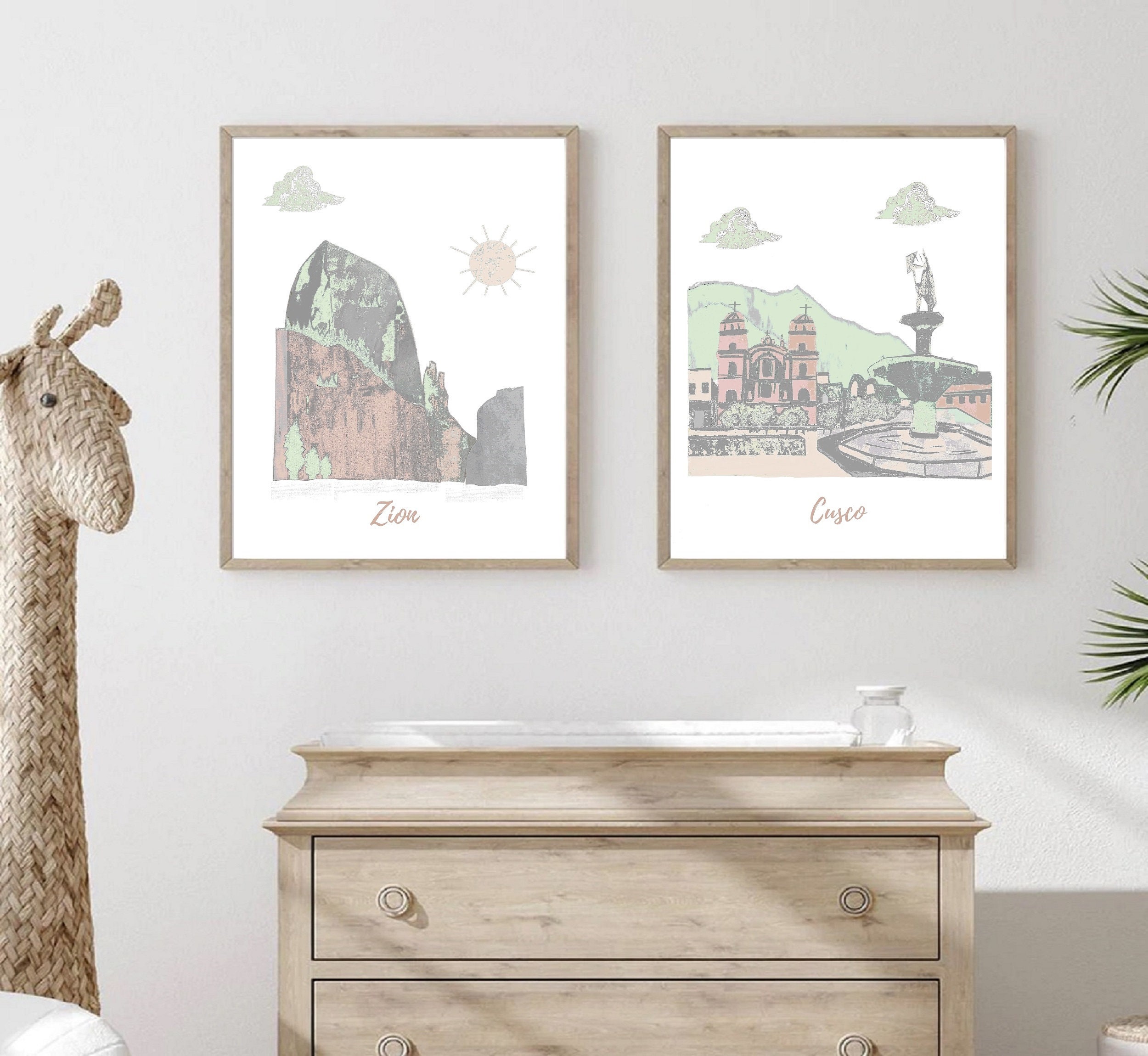 19, Art Mural de Pépinière, Thème Voyage Pépinière, Crème, Menthe, Brun, Gris, Zion, Cusco, États-Un