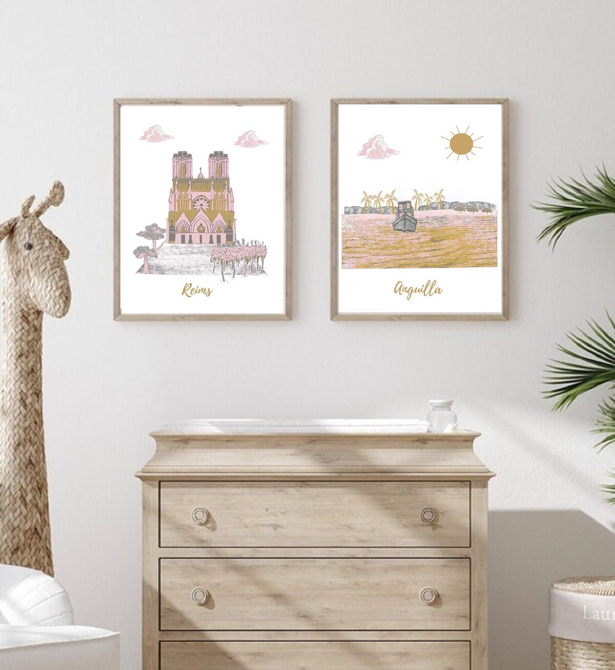 87 Crèche d'art Mural, Crèche à Thème de Voyage, Rose, Or, Gris, France, Anguilla, Reims