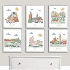 Décorations murales pour chambre d'enfant, chambre d'enfant sur le thème du voyage, lot de 6, Cinque Terre, Prague, Dolomites, lac Tahoe, Rome, Ratisbonne, terre cuite, or, vert, bleu, beige