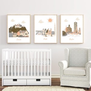 Nursery wall art,travel theme nursery,gender neutral nursery,baby room decor,brown,peach,beige,Leiria,Porto,Boston