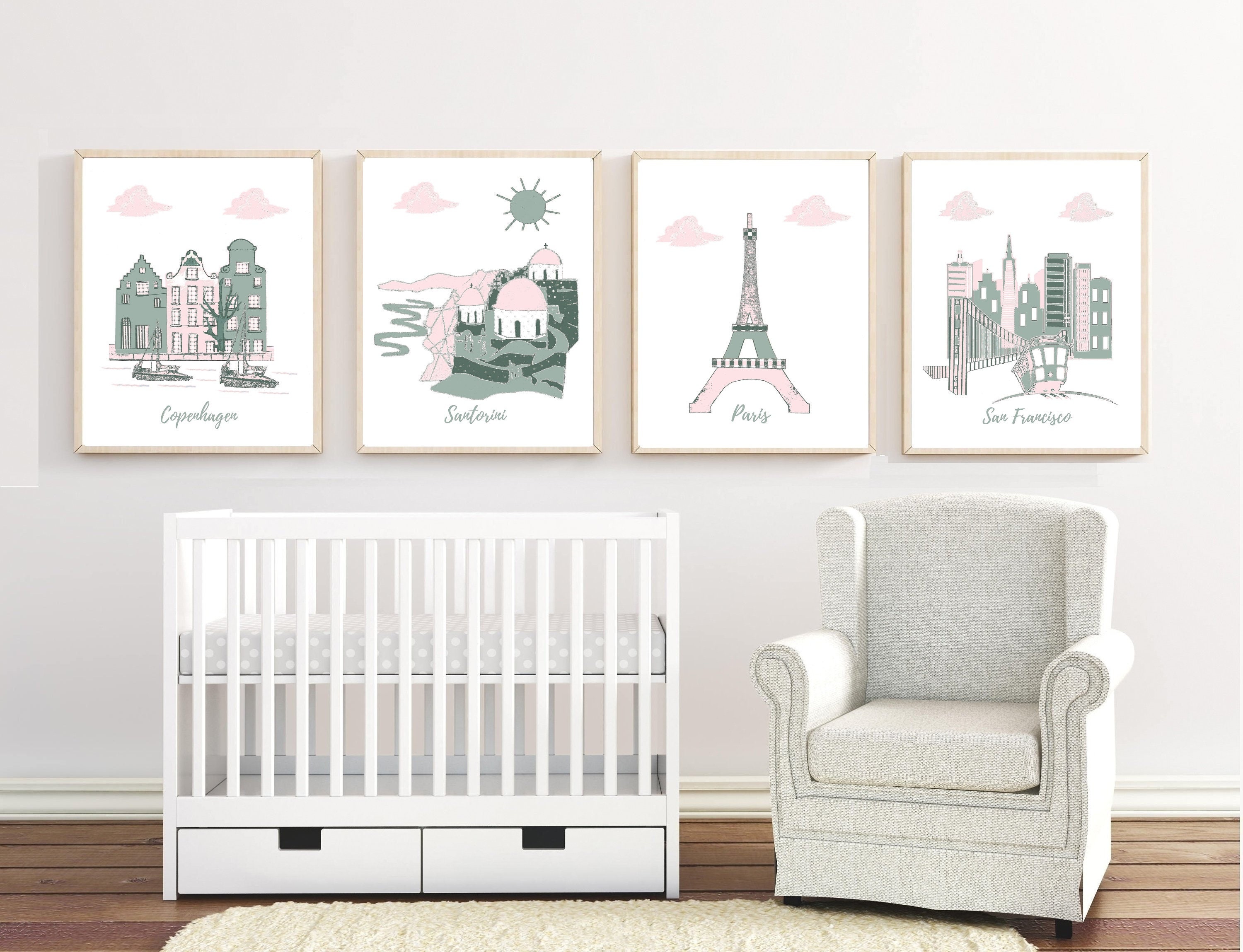 26, Crèche Art Mural, Décor Bébé, Thème de Voyage Crèche, Vert, Rose, France, Grèce, Usa, Danemark