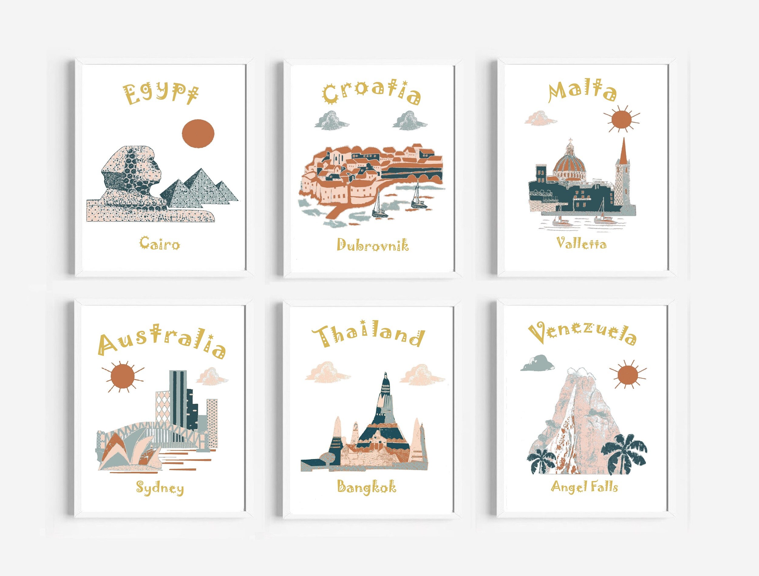 60, Art Mural de La Crèche, Voyage à Thème Décoration Chambre Bébé, Égypte, Croatie, Malte, Australi