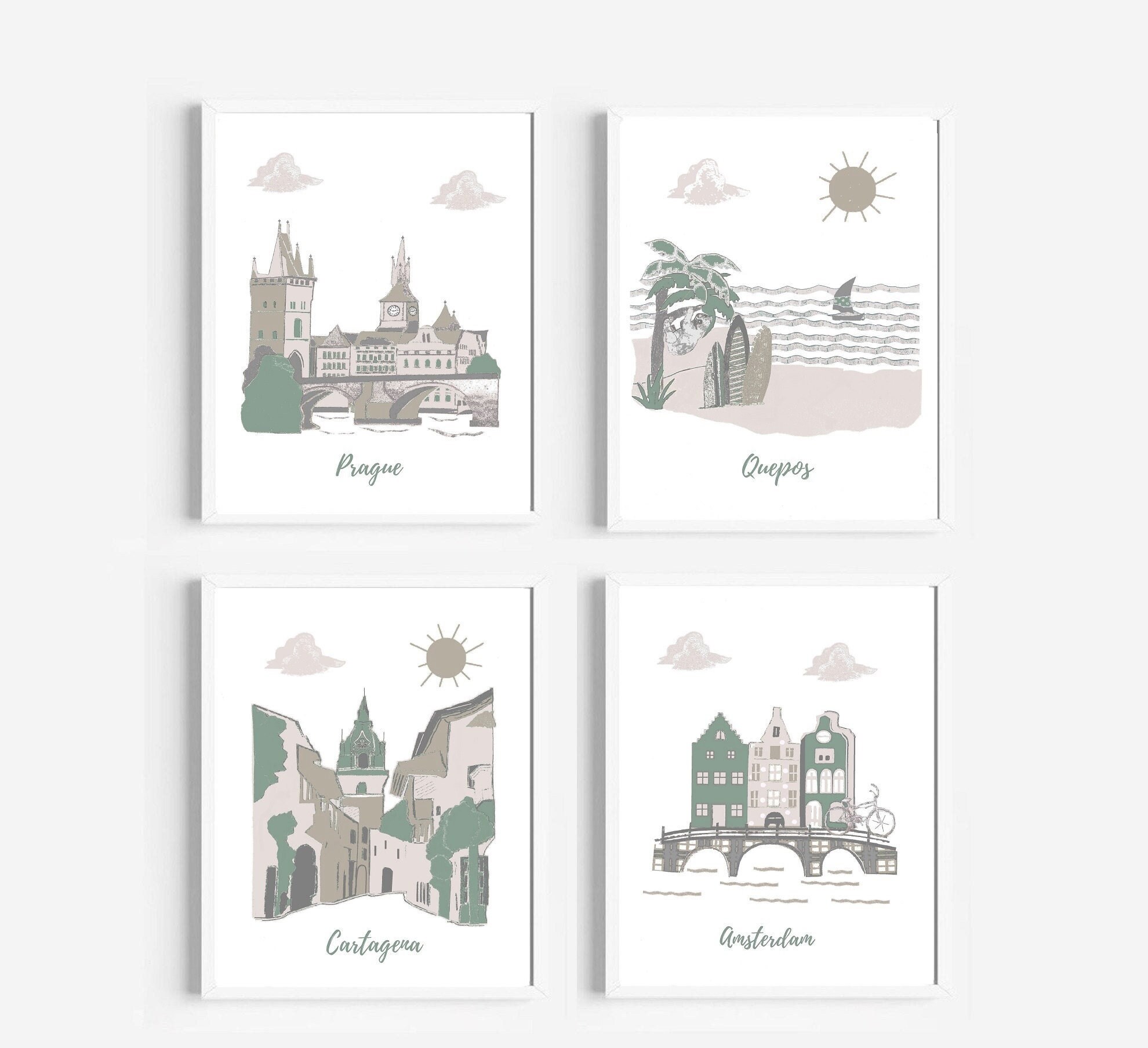 101, Art Mural de La Crèche, Art Du Bébé, Impression, Crèche à Thème Voyage, Beige, Gris, Vert Sauge