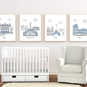 Customizable nursery wall art,travel theme nursery,baby boy nursery,blue,gray,Paris,Washington DC,Rome,Vienna