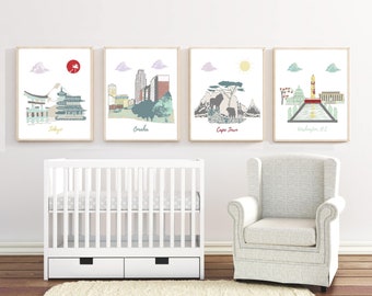 102, Wall art, baby nursery,travel theme nursery, blue,red,yellow,gray,brown,Tokyo,Omaha,Cape Town,Washington, D.C