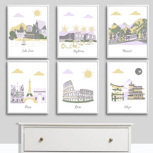 Nursery wall art,travel theme nursery,Lake Como,Mykonos,Murren,Paris,Rome,Tokyo,Purple,Yellow,Green,Gray
