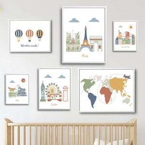 Ensemble d'affiches de voyage personnalisées - 6 oeuvres d'art murales imprimées sur la ville et la carte pour chambre d'enfant - Villes, couleurs et tailles au choix - Déco pour chambre d'enfant
