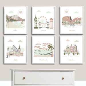 Nursery wall art,travel nursery,neutral nursery,gray,brown,terra cotta,beige,green,Oahu,London,Estes Park,Dublin,Providenciales,Amsterdam