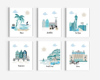 90,Nursery wall art,travel theme nursery,baby nursery,blue,teal,gray;beige,black,Maui,Stockholm,Las Vegas,Amsterdam,Amalfi Coast,Vienna