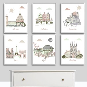 Art mural pour chambre d'enfant, chambre d'enfant sur le thème du voyage, Florence, Amsterdam, Cinque Terre, Paris, Kyoto, Barcelone, Sourcils, Beige, Vert, Gris