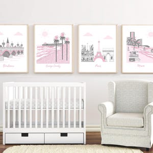 Customizable Nursery wall art,travel themed nursery,pink,gray,Bordeaux,Paris,Miami,Orange County