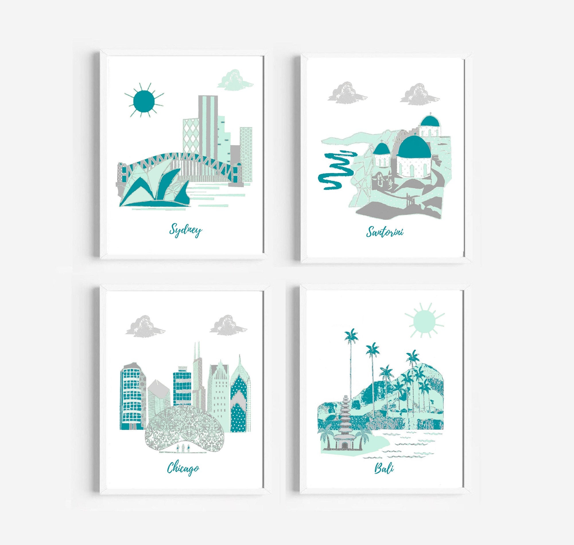 41 Nursery Art Mural, Poupée à Thème de Voyage, Vert Bleuté, Menthe, Gris, Sydney, Chiczgo, Balisant