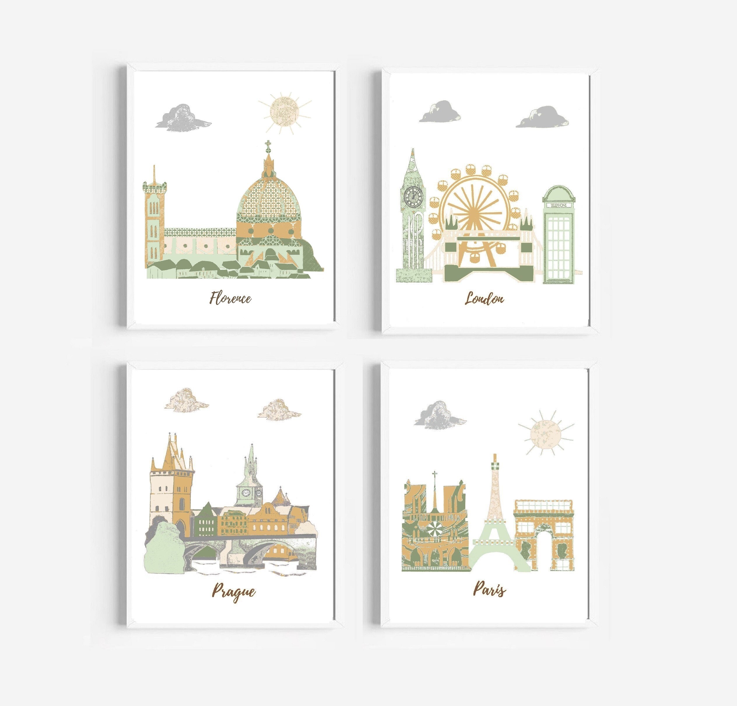 138, Art Mural de La Crèche, Crèche à Thème Voyage, Pour Bébé Fille, Beige, Vert, Menthe, Or