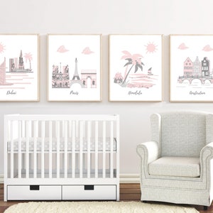 Customizable Nursery wall art,travel theme nursery,baby art print,pink,gray,Honolulu,Paris,Dubai,Amsterdam
