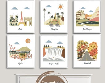 Puede incluir: Un conjunto de seis láminas decorativas rectangulares con ilustraciones de destinos de viaje como París, Chiang Mai, el Gran Cañón, Kioto, las cataratas del Niágara y Shenandoah. Cada lámina muestra un paisaje o monumento en una paleta de colores suaves.