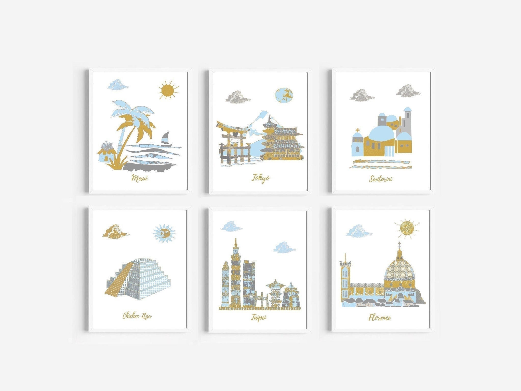 116, Art Mural, Impression d'art Pour Bébé, Crèche de Voyage, Or, Bleu, Gris, Italie, États-Unis, Ja