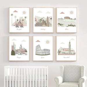 Nursery wall art,travel theme nursery,Neutrak gender,Bangkok,Santiago,Athens,Prague,Rome,Marrakech,Terracotta,Gray,beige,Green