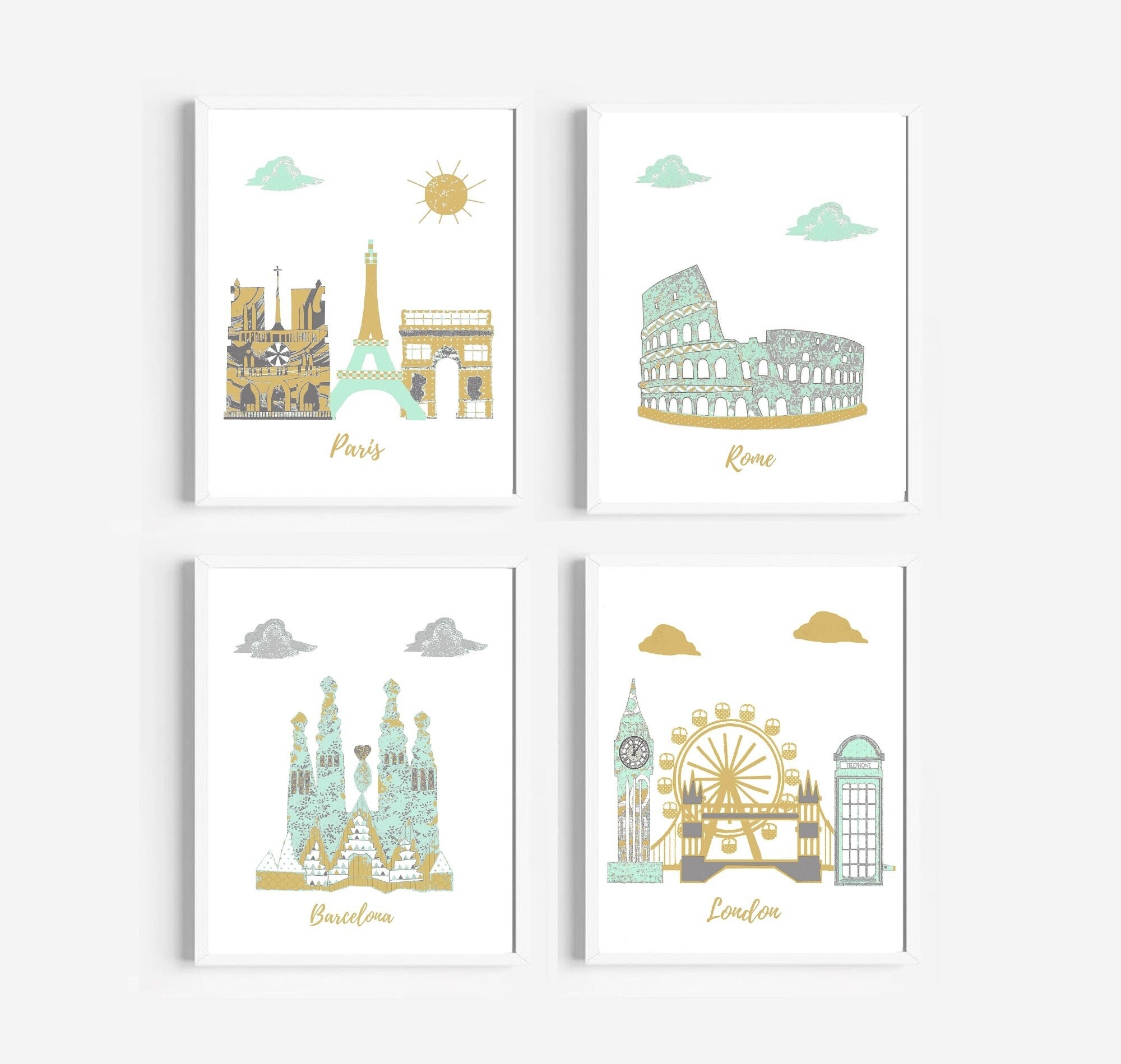 92, Crèche Art Mural, Thème de Voyage Pépinière, Menthe, Or, Gris, France, Italie, Angleterre, Espag