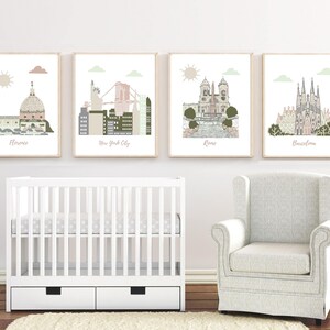 Nursery wall art,travel theme nursery, Art for kids,NYC,Rome,Florence,Barcelona,Brown,Beige,Green,Gray
