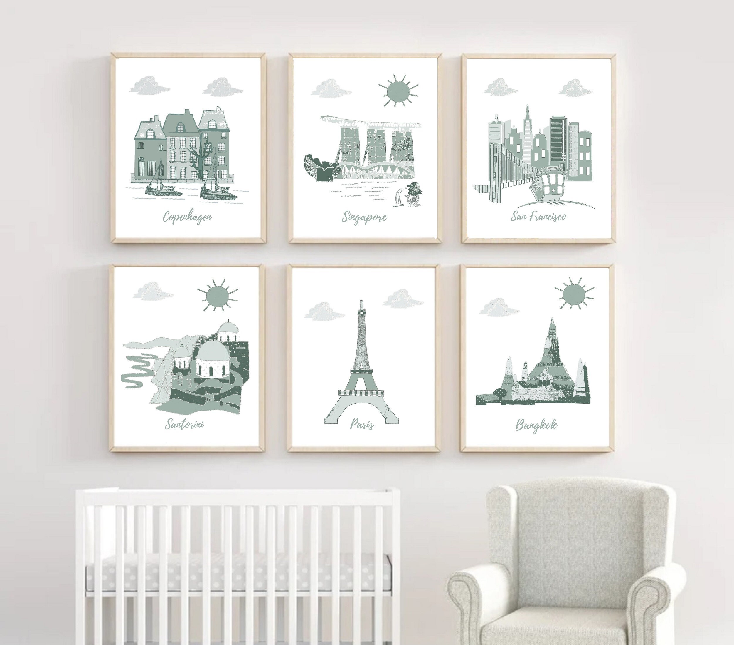 Crèche Art Mural, Thème de Voyage Pépinière, Vert, France, Danemark, Thaïlande, Grèce, Singapour, Pa