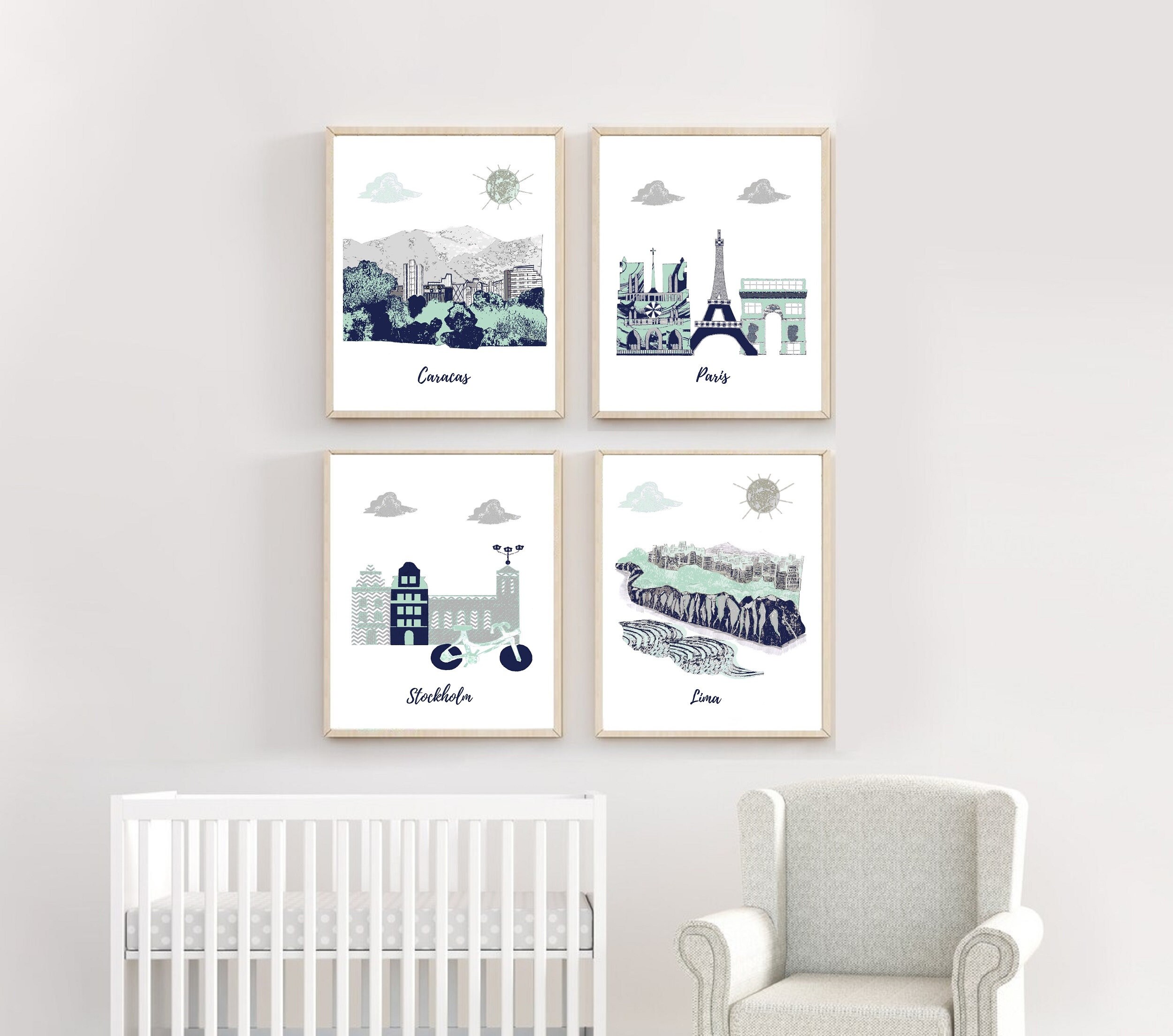 Art Mural de Crèche, Impression d'art Pour Bébé, Crèche à Thème Voyage, Bleu Marine, Gris, Menthe, P