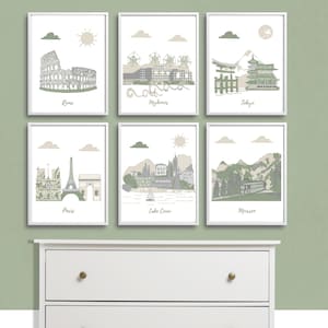 Nursery wall art,Travel theme nursery,Sage green nursery,Rome,Mykonos,Tokyo,Paris,Lake Como,Murren,Green,Beige,Gray