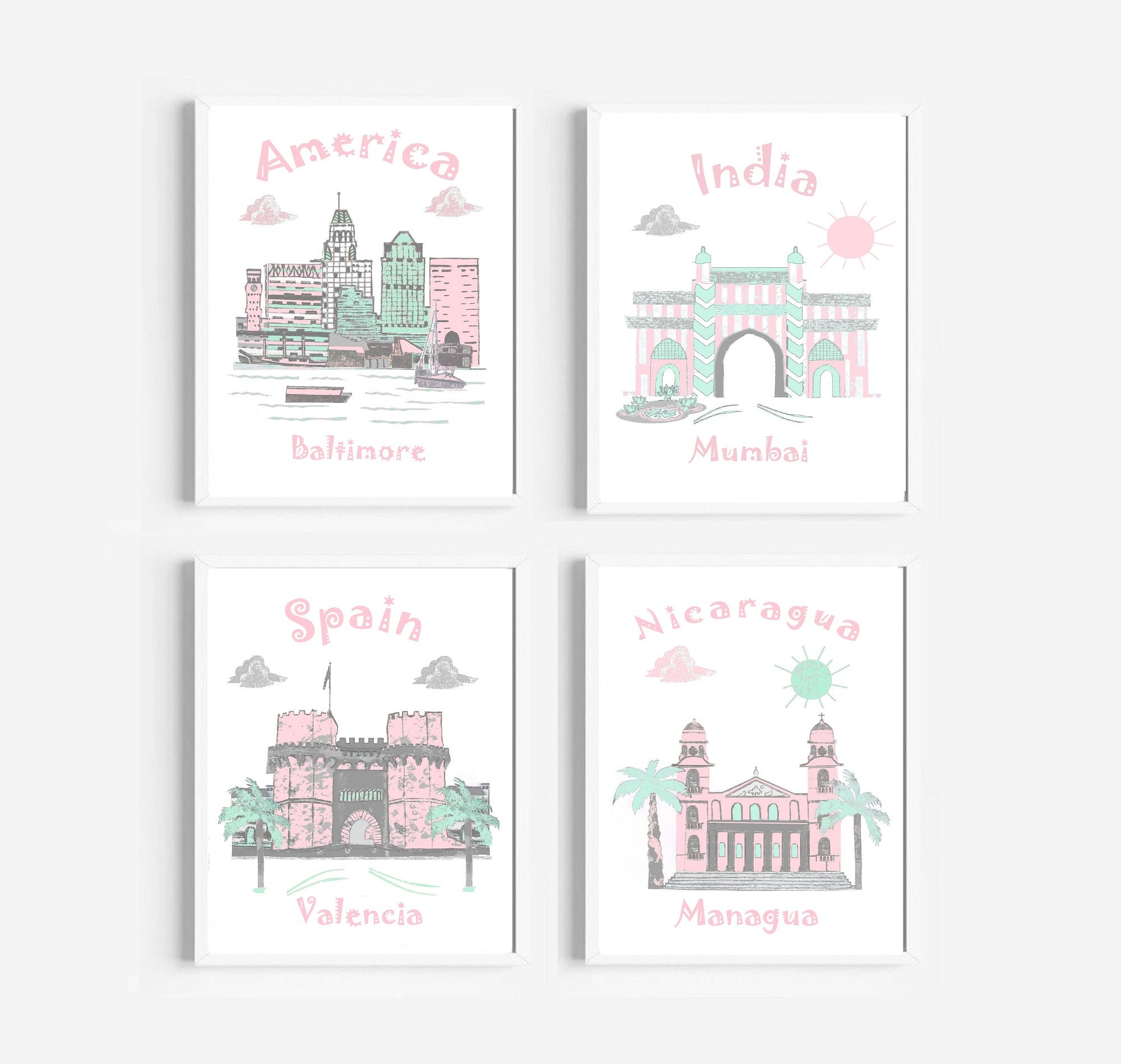 4, Art Mural de La Crèche, Crèche à Thème Voyage, Impression d'art Pour Bébé Fille, Menthe, Gris, Ro