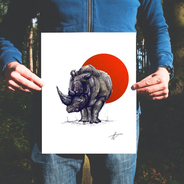 White Rhino Art Print Giclee Illustration // Endangered Species A3 Print // Limited Edition