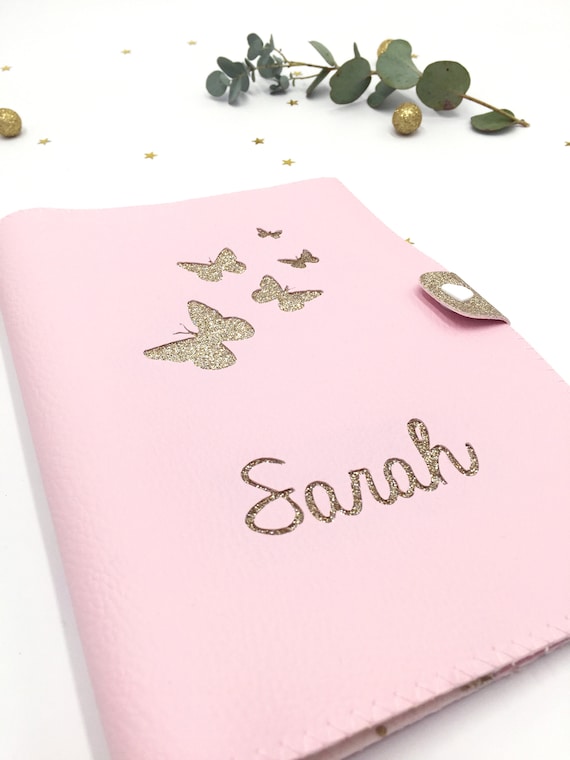 Customizable Health Notebook Protector in Powder Pink Imitation Leather,  Soaring Butterfly Pattern, Personalized Baby Girl Birth Gift 