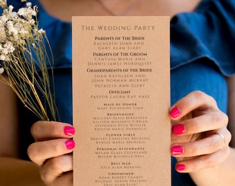 Matrimonio programma modello rustico cerimonia matrimonio programma ordine di servizio programma stampato tela di ragno sposa programma Kraft programma