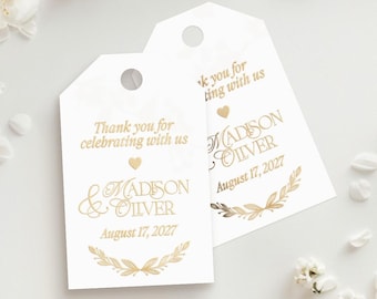 Wedding Gift Tags Custom Gold Foiled Tags for Wedding Favor Gifts Personalized Floral Thank You for celebrating with us Labels