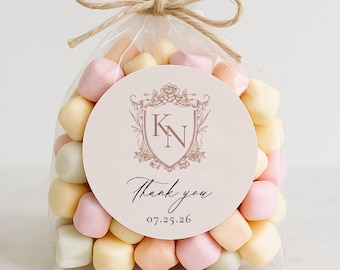 Personalized Monogram Wedding Favor Stickers, Elegant Crest Thank You Labels, Custom Wedding Stickers, Classic Wedding Favor Labels
