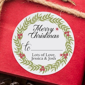 Personalized Merry Christmas Wreath Stickers | To From Gift Labels | Custom Holiday Tags