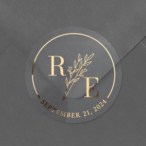 Clear Wedding Stickers with Gold Foil Print, Monograms and Floral Branch Envelope Seals, Custom Rose Gold Wedding Favor Sticker Labels