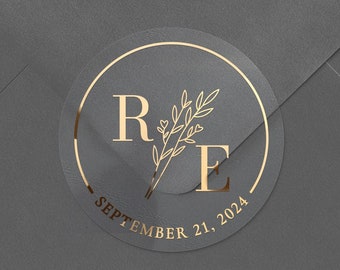Clear Botanical Wedding Stickers, Personalized Foil Envelope Seals, Monogram Gold Foil Wedding Favor Labels