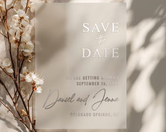Modern Script Save the Date Invitation Cards with Foil Print, Personalized Vellum Save the Dates